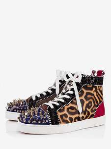 Mens Leopard Print Round Toe Lace Up High Top Sneakers with Rivets