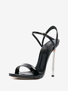 Women's Black Sandals Round Toe Stiletto Heel Prom Shoes