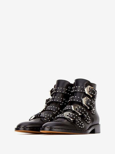 Black Motorcycle Boots Cowhide Studded Buckles Round Toe Ankle Boots
