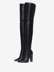 Thigh High Boots Womens Solid Color Pointed Toe Chunky Heel Over The Knee Boots