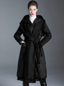 Black Down Coat Hooded Belted Long Winter Outerwear For Women