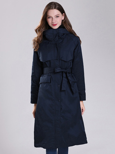 Abrigo de plumón para mujer Gabardina azul marino oscuro Parka con cinturón Ropa de abrigo de invierno