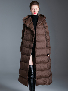 Abrigo largo de invierno con capucha de color caqui para mujer