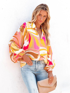 Bluse für Damen, orange, rot, Polyester, Umlegekragen, lässig, geometrische Knöpfe, lange Ärmel, Oberteile