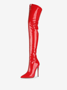Over The Knee Boots Red Pointed Toe Zip Up Bright Leather High Heel Thigh High Boots