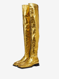 Stivali piatti da donna Stivali sopra il ginocchio metallici con punta quadrata in oro