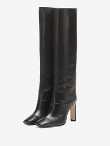 Botas anchas de pantorrilla de mujer Borgoña Boots de rodilla de tacón grueso con punta puntiaguda