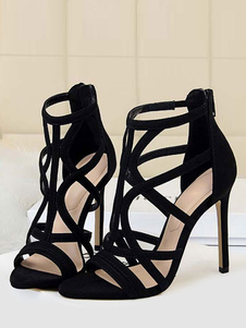 Damen-Sandalen mit hohem Absatz  schwarze offene Zehenriemen-Stiletto-Sandalen