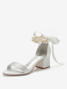 sandales mariée talon carré en satin avec boucle décoré des perles Chaussures de mariée