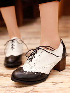 Women's Black Lace Up Brogues Round Toe Block Heel Oxfords