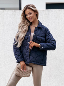 Puffer Coats Black Turndown Collar Front Button Long Sleeves Outerwear