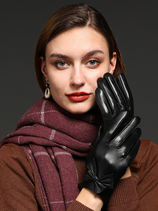Bows Ladies Warm Heated Winter Leather Waterproof Short Gloves For Women
