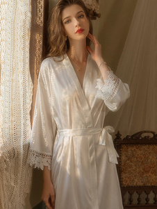 Pyjama Nachtwäsche Weiße Schärpe V-Ausschnitt Halbarm Seidenartige Dessous