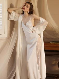 Pajamas & Sleepwear White Lace 2-Piece V-Neck Silk-like Lingerie