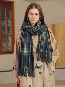 Bufanda de mujer a cuadros con flecos de fibra de poliéster invierno cálido bufandas largas