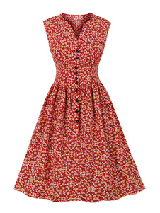 Vintage Kleid der 1950er Jahre Audrey Hepburn Stil rot Blumendruck Frau Knöpfe ärmelloses Rockabilly Kleid mit V-Ausschnitt