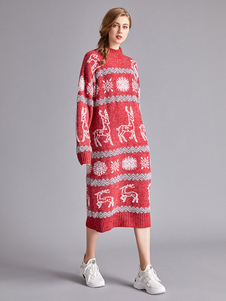 Christmas Knitted Dress For Women Fashion Animal Print Acrylic Long Sleeves High Collar Winter Dresses