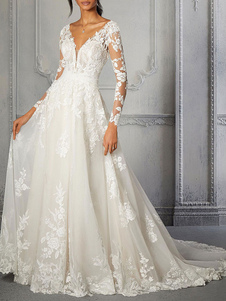 Hochzeitskleid 2023 V-Ausschnitt mit langen Ärmeln und Schleppe Spitze Brautkleider Kostenlose Anpassung