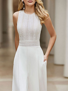Ivory Bridal Jumpsuit Pockets Floor-Length A-Line Jewel Neck Sleeveless Wedding Jumpsuit Free Customization