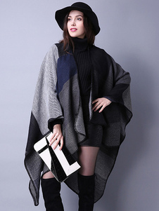Women Poncho Color Block Black Poncho Irregular Warmth-Preservation Oversized Piping Cape