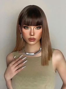 Medium Wigs Synthetic Coffee Brown Straight Heat-resistant Fiber Women's Wig