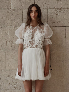 Vestidos de novia cortos 2023 Joya Cuello Mangas cortas A-Line Vestido de novia corto Personalización gratuita