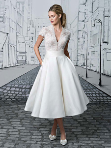 Brautkleider Kurz elfenbeinweiß Kurzarm V-Ausschnitt Hochzeitskleid Kurz