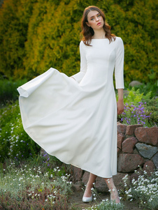 Brautkleider Kurz elfenbeinfarbe 3/4 Ärmel und Rundkragen Polyester Hochzeitskleid Kurz