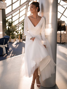 Короткие свадебные платья 2023 V-образным вырезом с длинными рукавами A-Line Свадебные платья чайной длины Бесплатная настройка