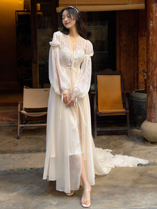 Brautpyjama, weiße Spitze, Nachtwäsche, 2-teilig, V-Ausschnitt, Langarm-Dessous