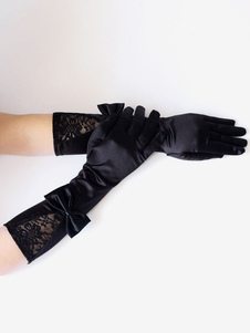 Black Gothic Wedding Gloves Gloves Matte Satin Lace Bows Bridal Gloves