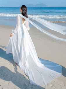 White Maxi Dress Long Sleeves Crepe Chiffon Beach Wedding Dress