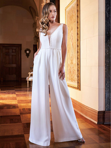Braut Jumpsuit elfenbeinfarbe Hochzeit V-Ausschnitt Brautkleider bodenlang Jumpsuits ärmellos Hosenanzug Braut