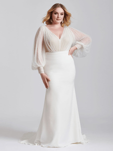 Elfenbein Plus Size Brautkleider 2023 mit Schleppe, langen Ärmeln, V-Ausschnitt, Brautkleider, kostenlose Anpassung