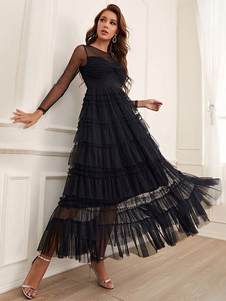 Maxi Layered Dress Black Jewel Neck Long Sleeves Long Prom Dress