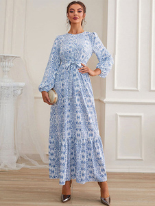 Blue Maxi Dress Jewel Neck Long Sleeves Print Long Dress