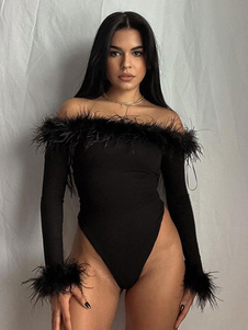 Sleeveless Bodysuit Black Feathers Bateau Neck Sexy Women Top