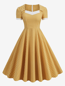 Retro-Kleid der 1950er Jahre im Audrey-Hepburn-Stil, hellhimmelblau, gestreift, mit kurzen Ärmeln, Herzausschnitt, Swing-Kleid