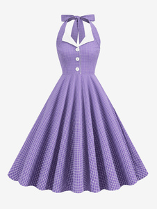 Vintage Kleid der 1950er Jahre Audrey Hepburn Stil Halfter Knöpfe ärmelloses Damen mittleres kariertes Rockabilly Kleid