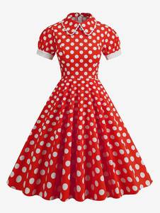 Vintage Kleid der 1950er Jahre Audrey Hepburn Stil gelb Polka Dot Frau Reißverschluss kurze Ärmel Bubikragen Swing Kleid