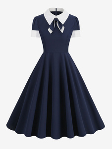 Retro Kleid der 1950er Jahre Audrey Hepburn Stil Bubikragen mit kurzen Ärmeln Mittleres zweifarbiges Swingkleid für Damen