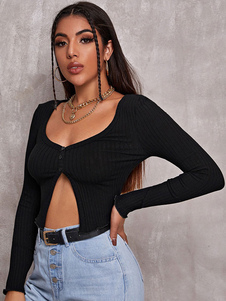 Long Sleeves Tees Black Buttons Women Tee Shirt