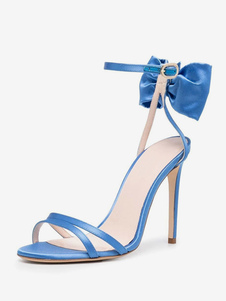 Женские босоножки на каблуке Синие атласные туфли с открытым носком и бантом Туфли на шпильке для выпускного вечера