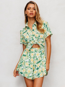 Green Floral Print Short Sleeves Knotted Summer Playsuit