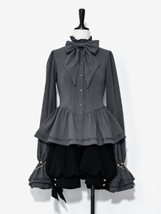【Pre-sell】 Gothic Lolita Ouji Fashion Blouses Gray Long Sleeves Shirt With Ruffle Neckline