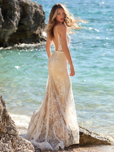 Nude Beach Wedding Dresses Sleeveless V-Neck Lace Bridal Dresses Free Customization