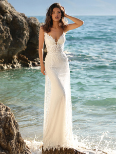 Ivory Beach Wedding Dresses 2023 Sleeveless V-Neck Lace Bridal Dresses Free Customization