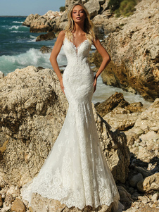 Ivory Beach Wedding Dresses Sleeveless V-Neck Lace Bridal Dresses Free Customization