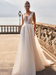 Lace Wedding Dress With Train A-Line Sleeveless Lace Illusion Neckline Bridal Dresses
