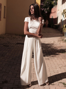 Abito da sposa a due pezzi color avorio Collo gioiello Abito da sposa a trapezio alla caviglia Bottoni funzionali Abiti da sposa maniche corte